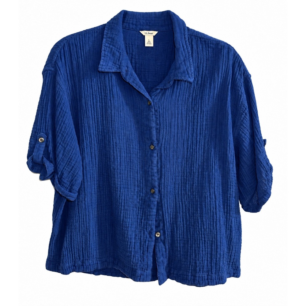 LL Bean Double Gauze Cotton Button Down Shirt Indigo Blue 523504 Large Boho